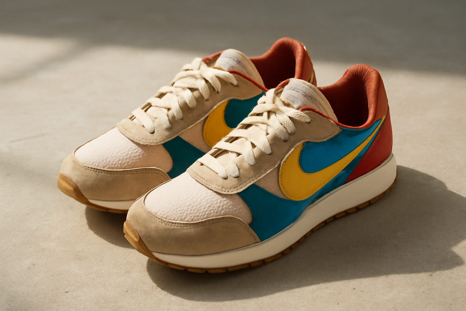sneakers rétro colorées posées sur sol béton