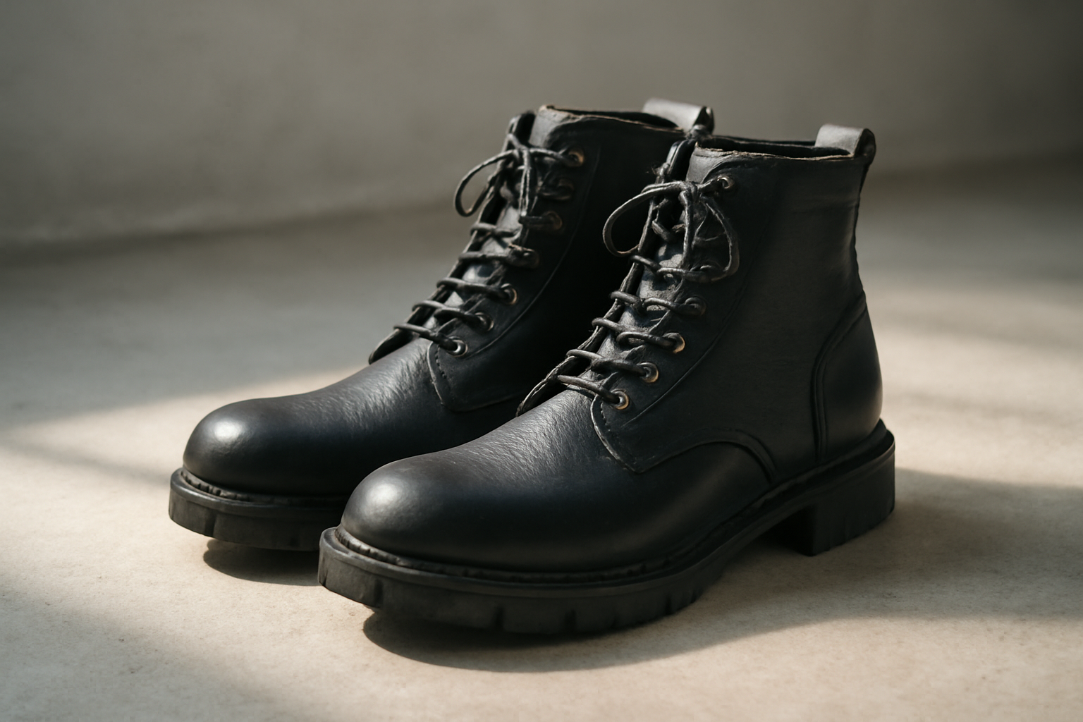 annie-chausseur-kleman-frodan-cuir-noir-explication chaussures robustes en cuir noir posées sur sol béton