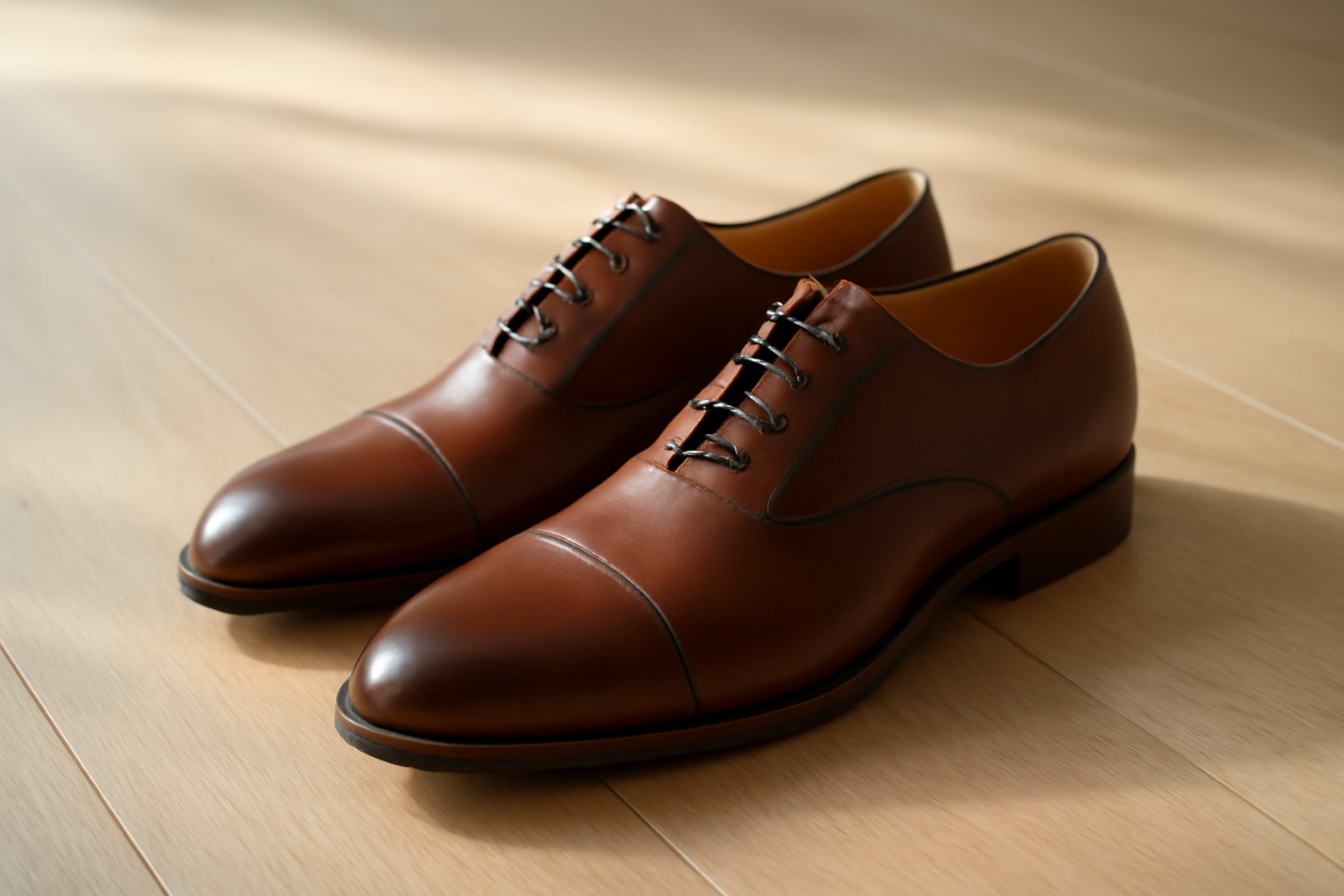 chaussures en cuir élégantes posées sur sol bois