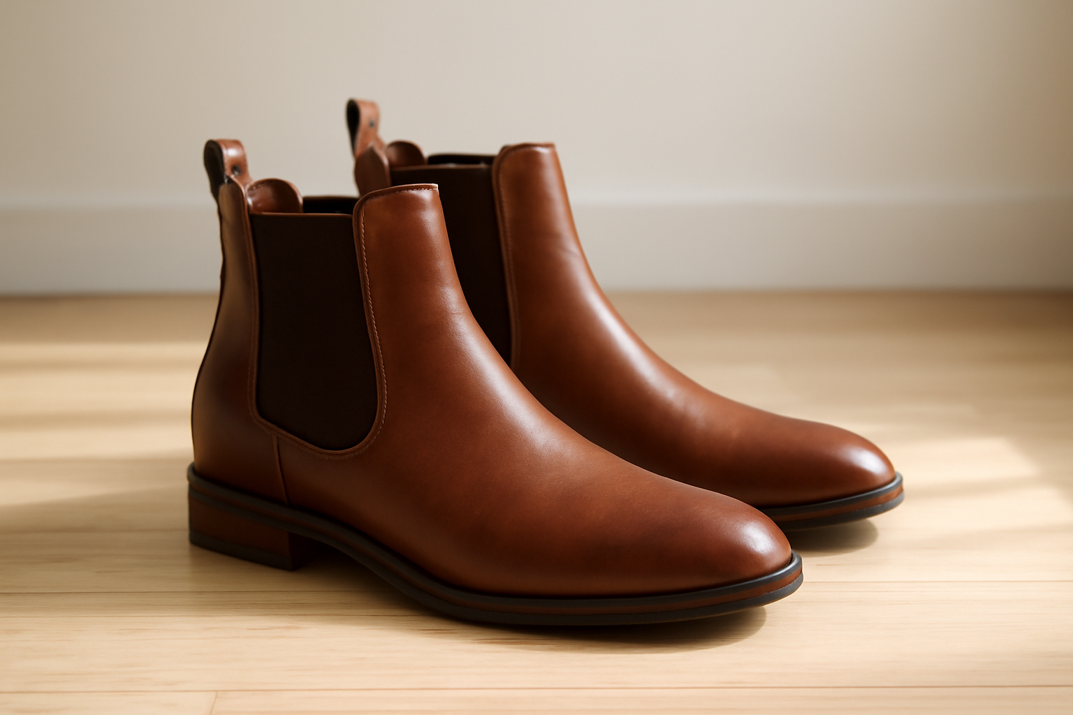 bottines en cuir avec élastiques latéraux posées sur sol bois