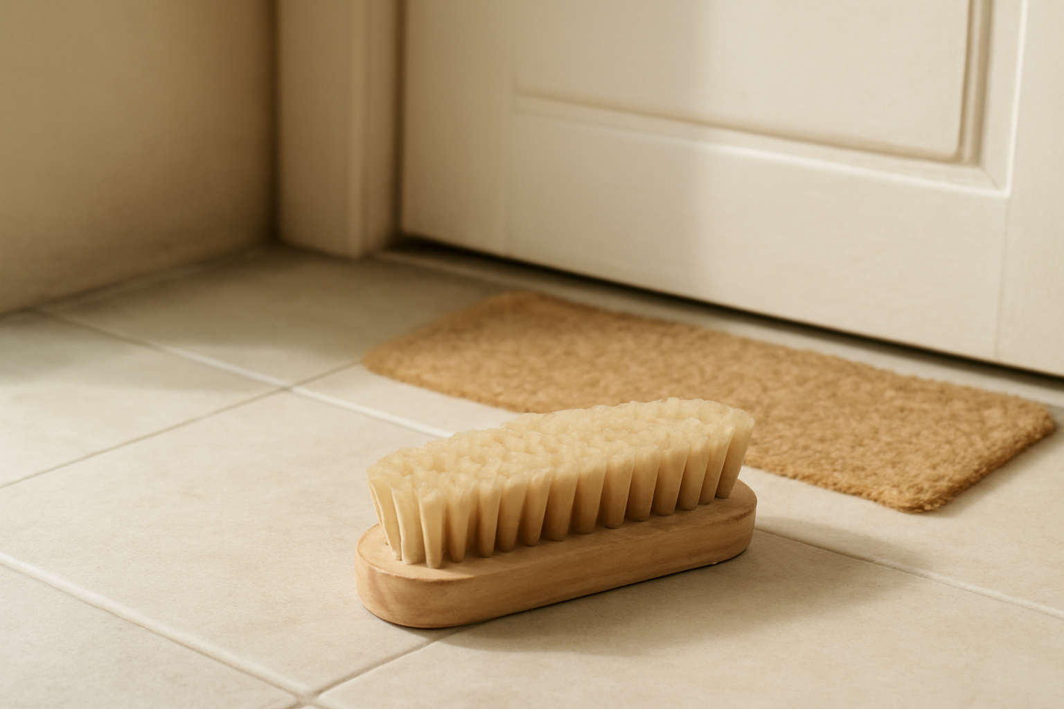 annie-chausseur-nettoyer-chaussures-apres-poussiere-trottoir-ville brosse nettoyant chaussure près d’une entrée