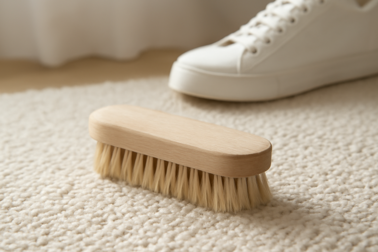 annie-chausseur-nettoyer-chaussures-apres-promenade-ville-centre brosse nettoyant chaussure sur tapis