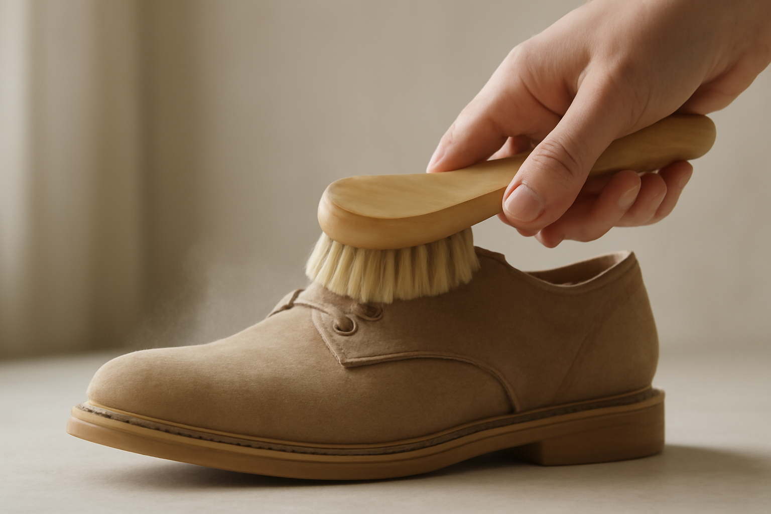 annie-chausseur-nettoyer-chaussures-apres-terrain-sec-ville brosse retirant poussière sur chaussure