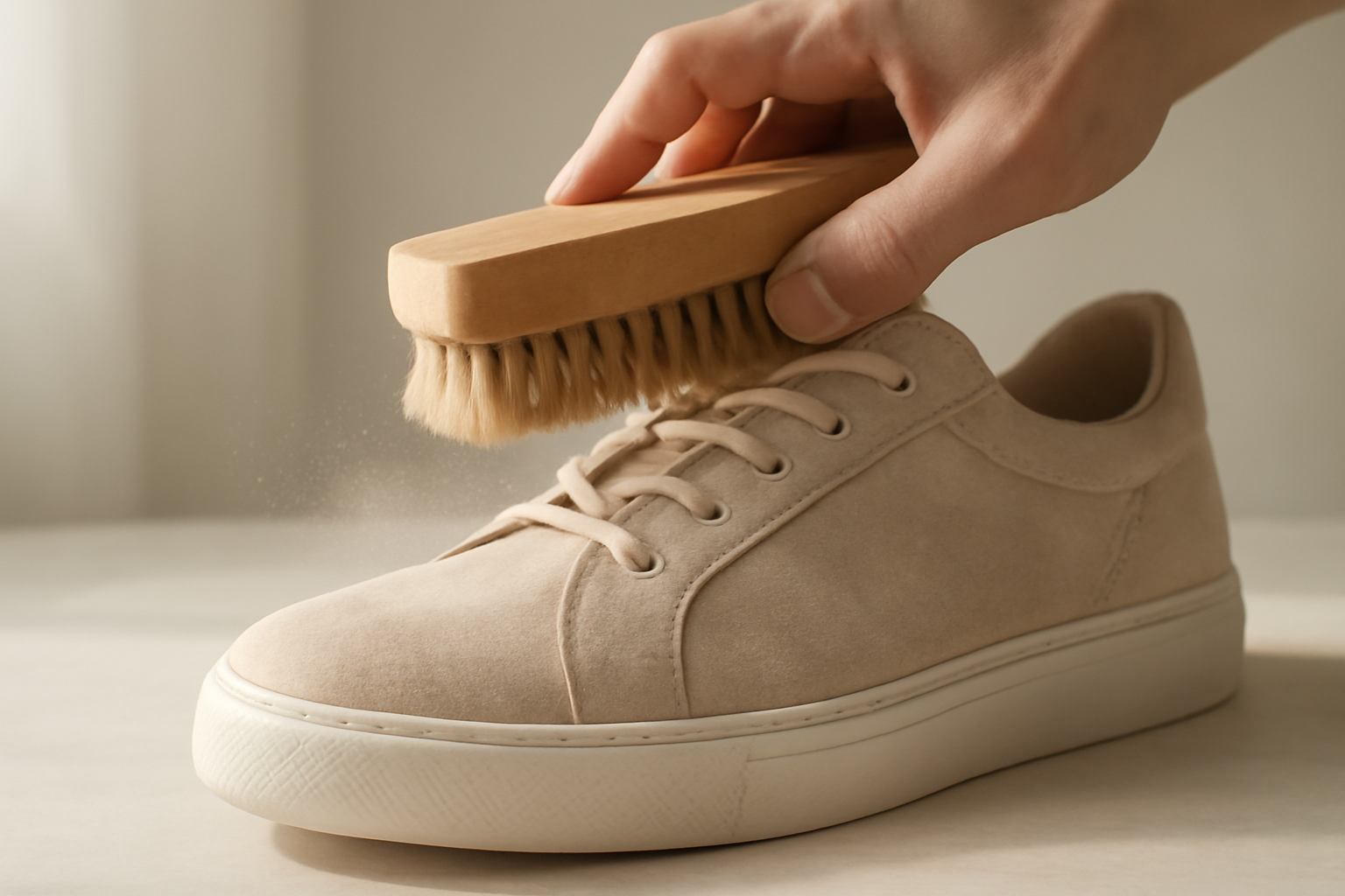 annie-chausseur-nettoyer-chaussures-apres-terrain-sec brosse retirant poussière sur chaussure