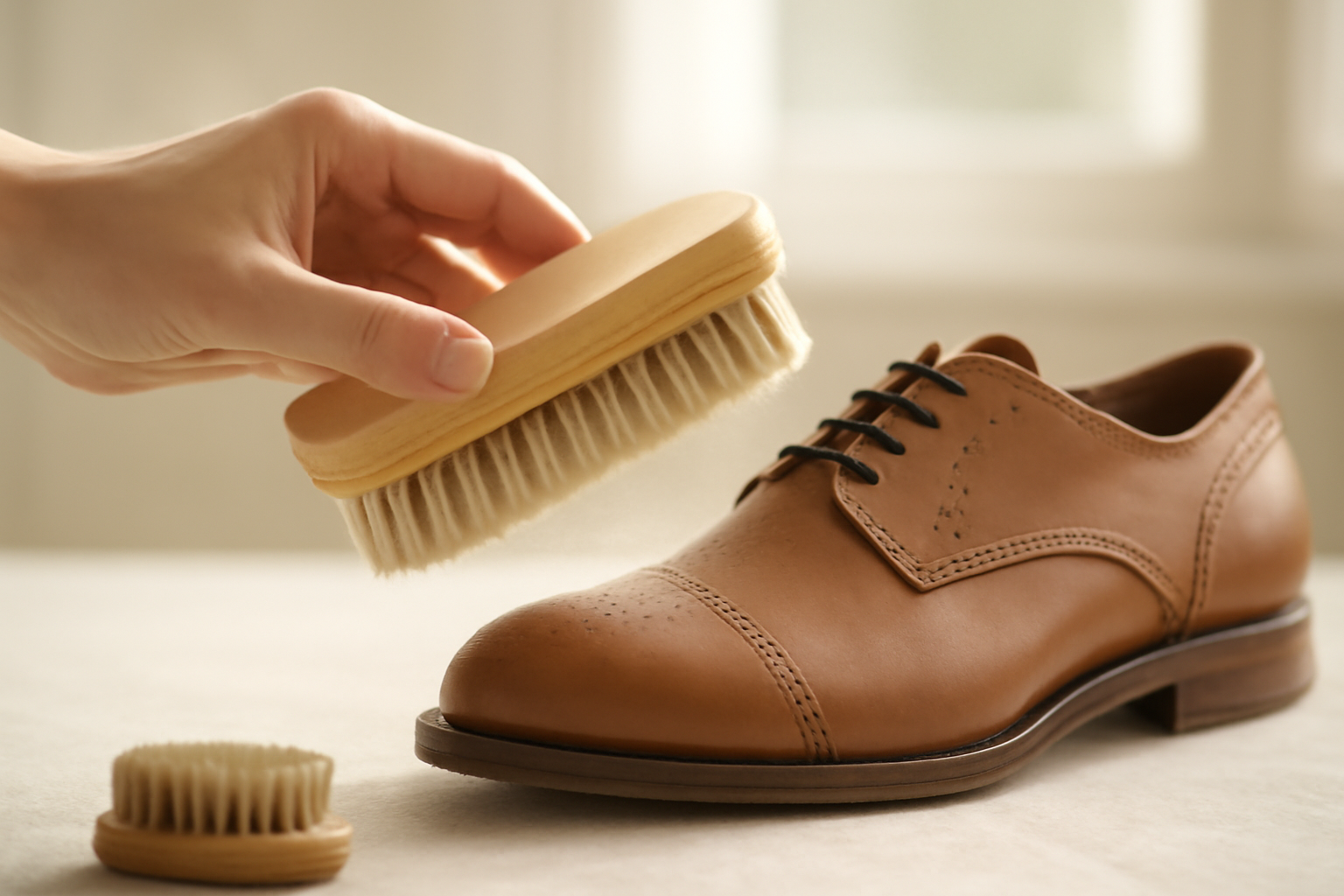 annie-chausseur-nettoyer-chaussures-apres-terrain-urbain-sec brosse retirant poussière sur chaussure