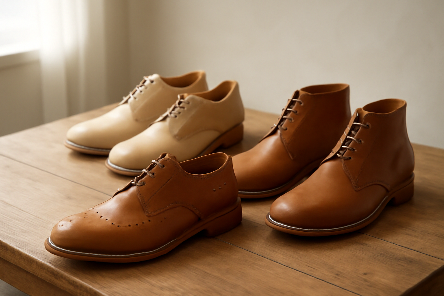 annie-chausseur-nouvelles-marques-chaussures-artisanales-europe-nord chaussures artisanales exposées sur table bois