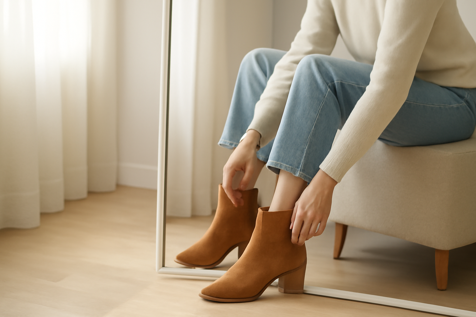 annie-chausseur-ou-acheter-bottines-homme-orleans client essayant bottines devant miroir