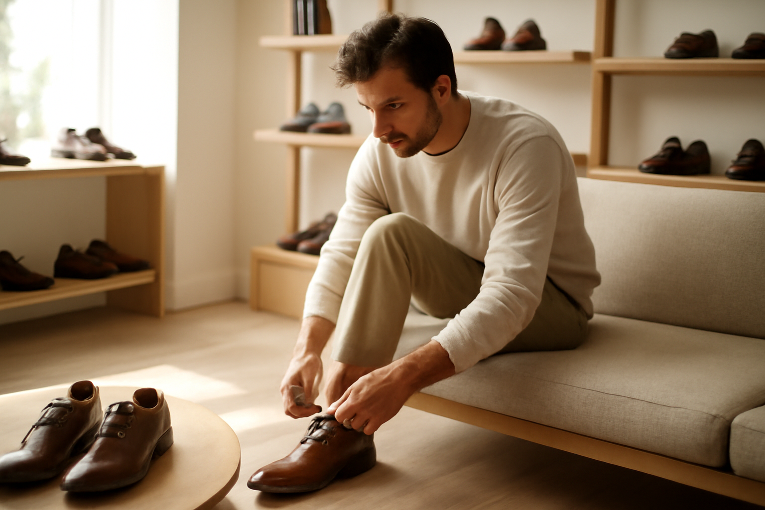 annie-chausseur-ou-acheter-chaussures-cuir-reims client essayant chaussures en cuir en boutique
