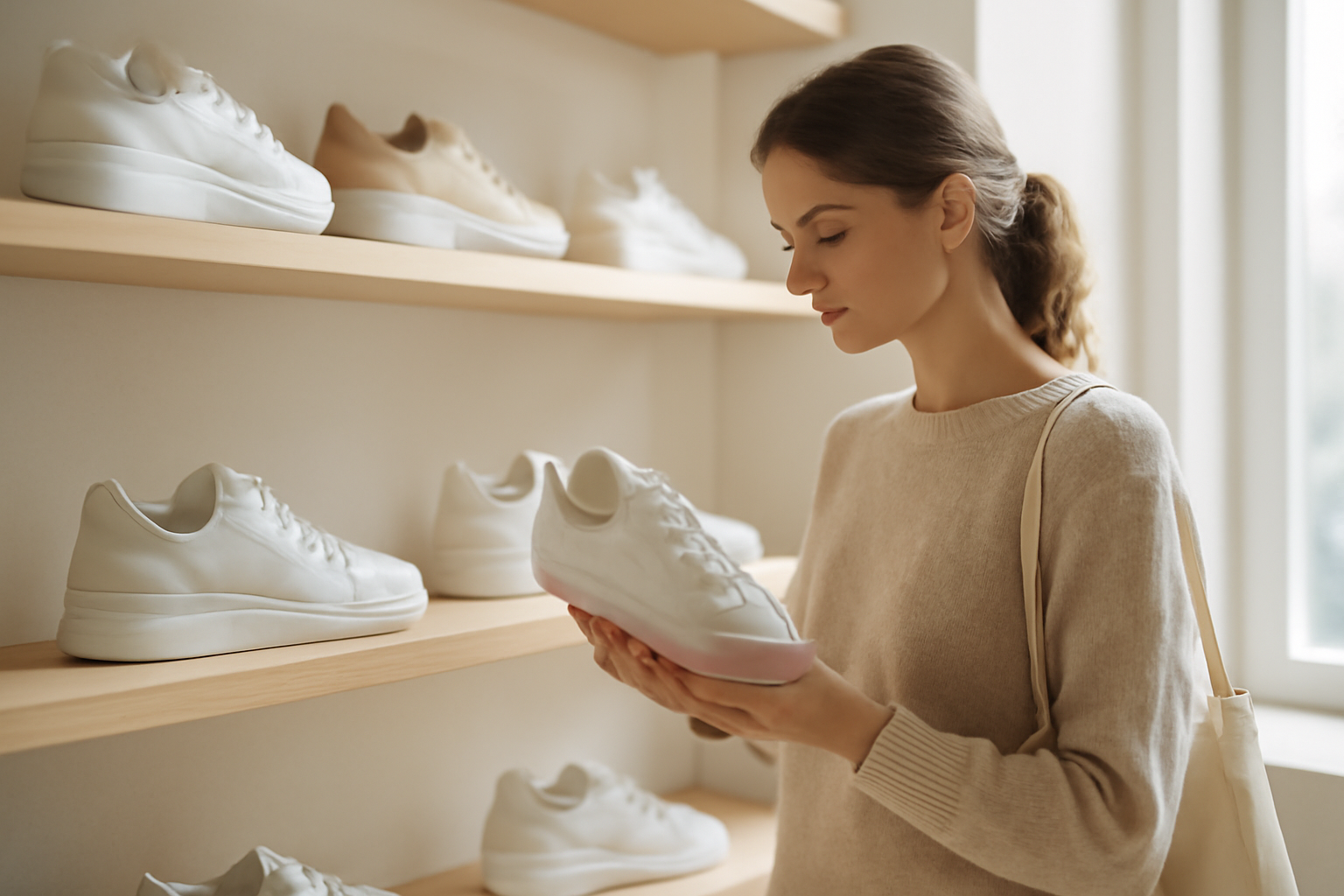 annie-chausseur-ou-acheter-sneakers-mulhouse client observant sneakers en boutique