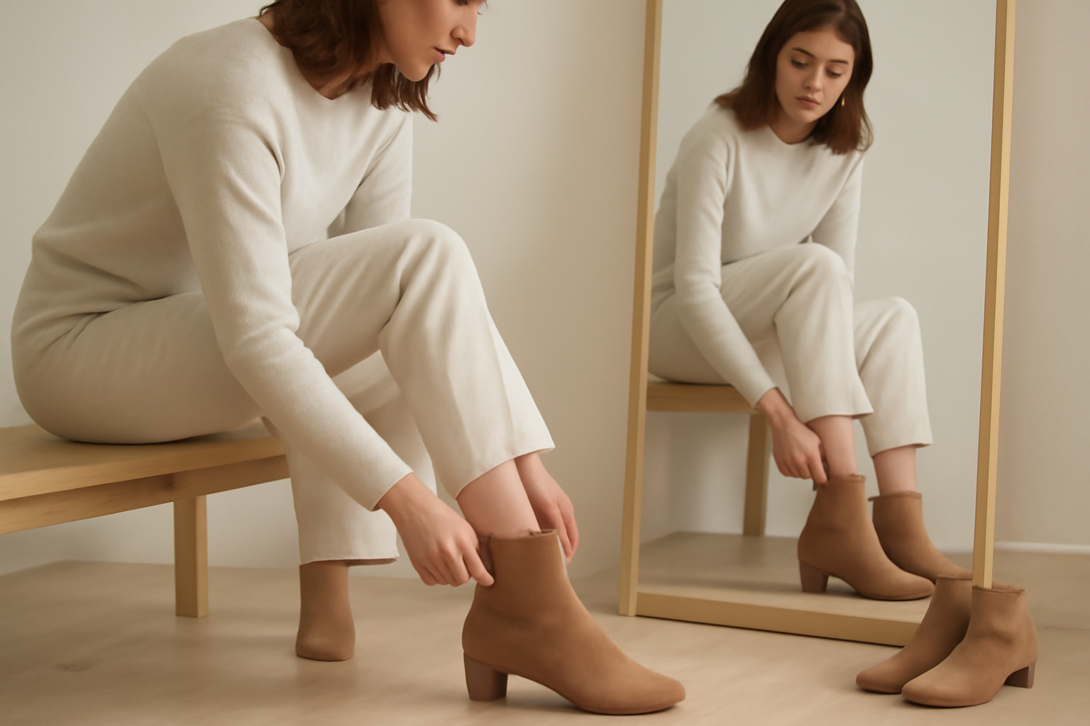 client essayant bottines devant miroir