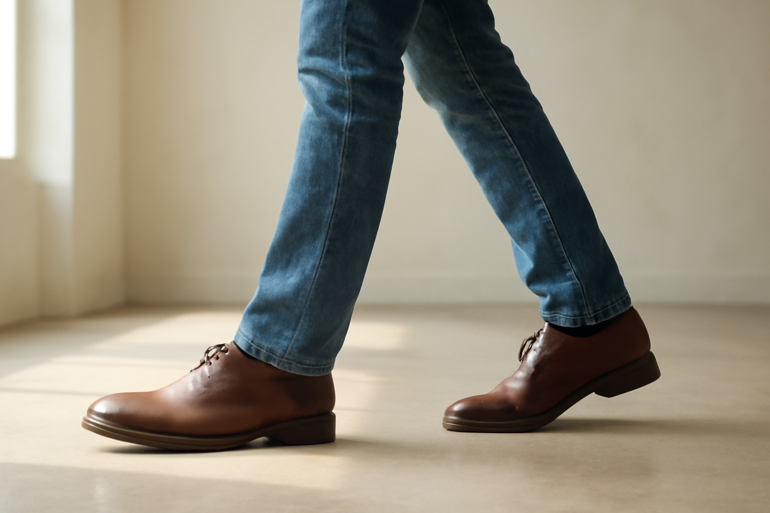 annie-chausseur-porter-chaussures-cuir-style-casual-simple homme marchant avec chaussures en cuir et jean