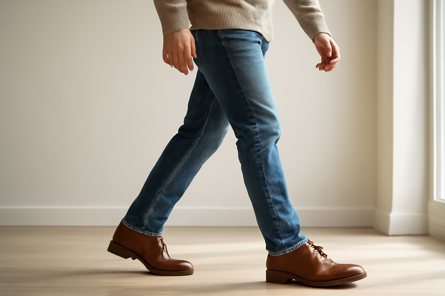 annie-chausseur-porter-chaussures-cuir-style-casual-ville homme marchant avec chaussures en cuir et jean