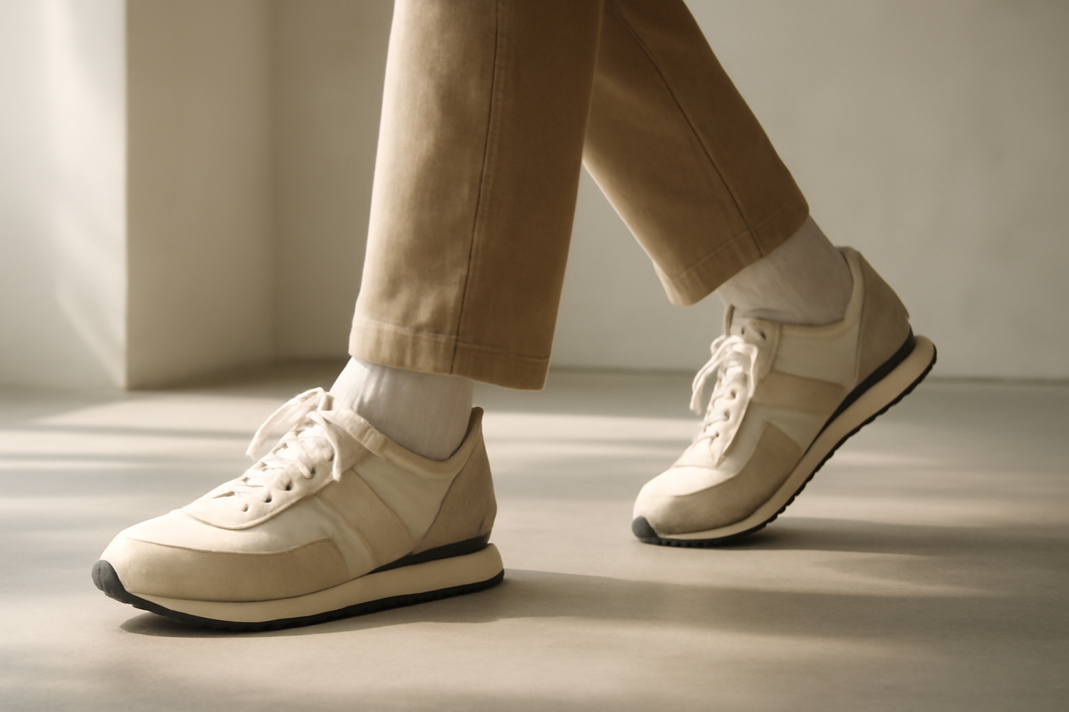 annie-chausseur-porter-chaussures-retro-look-casual-simple personne marchant avec sneakers rétro