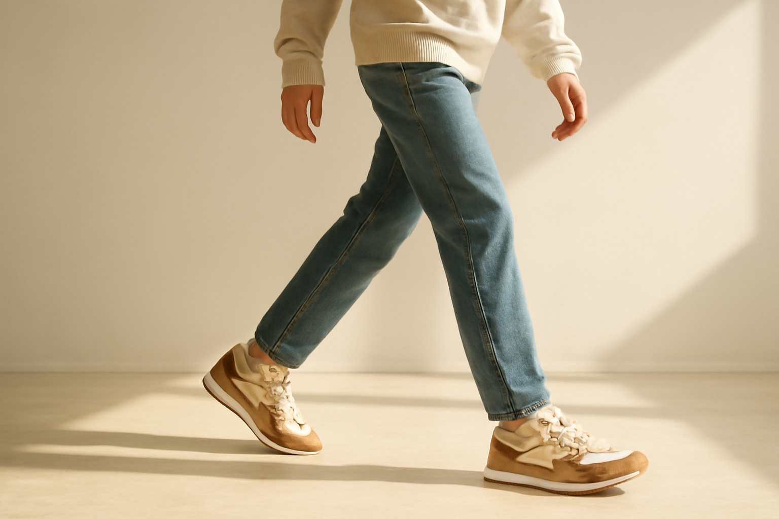 annie-chausseur-porter-chaussures-retro-look-minimaliste personne marchant avec sneakers rétro