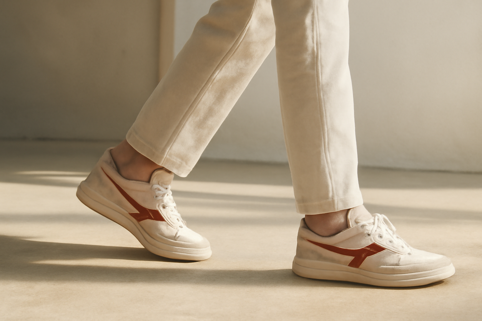 annie-chausseur-porter-chaussures-retro-look-urbain-minimal personne marchant avec sneakers rétro