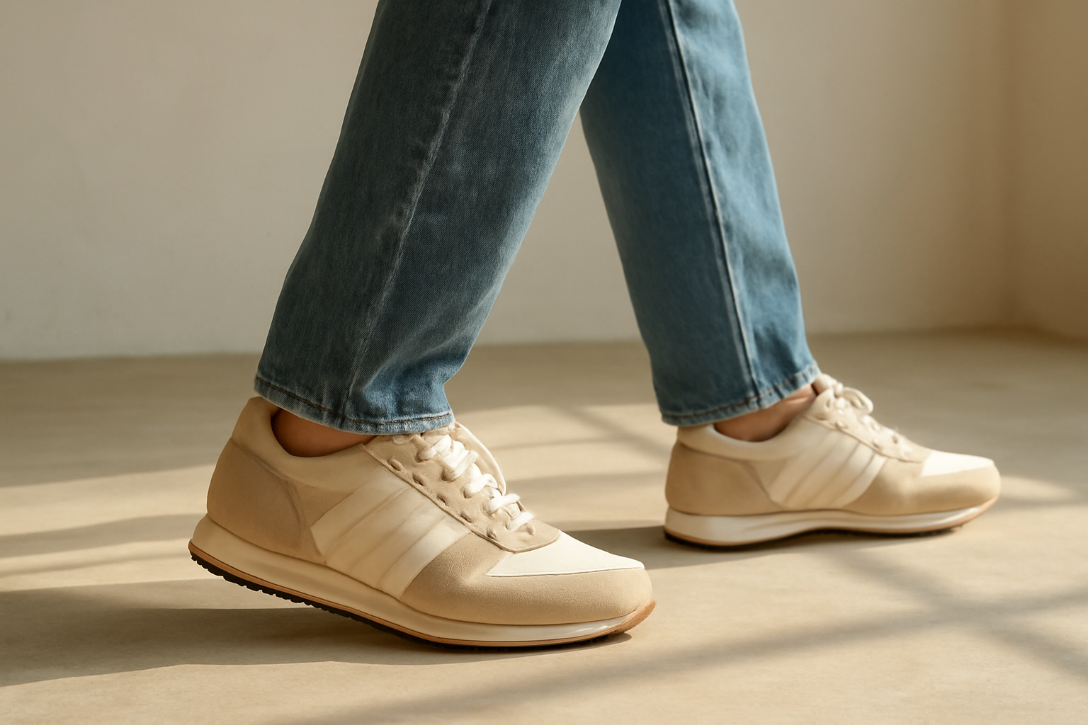 annie-chausseur-porter-chaussures-retro-style-casual-quotidien personne marchant avec sneakers rétro et jean