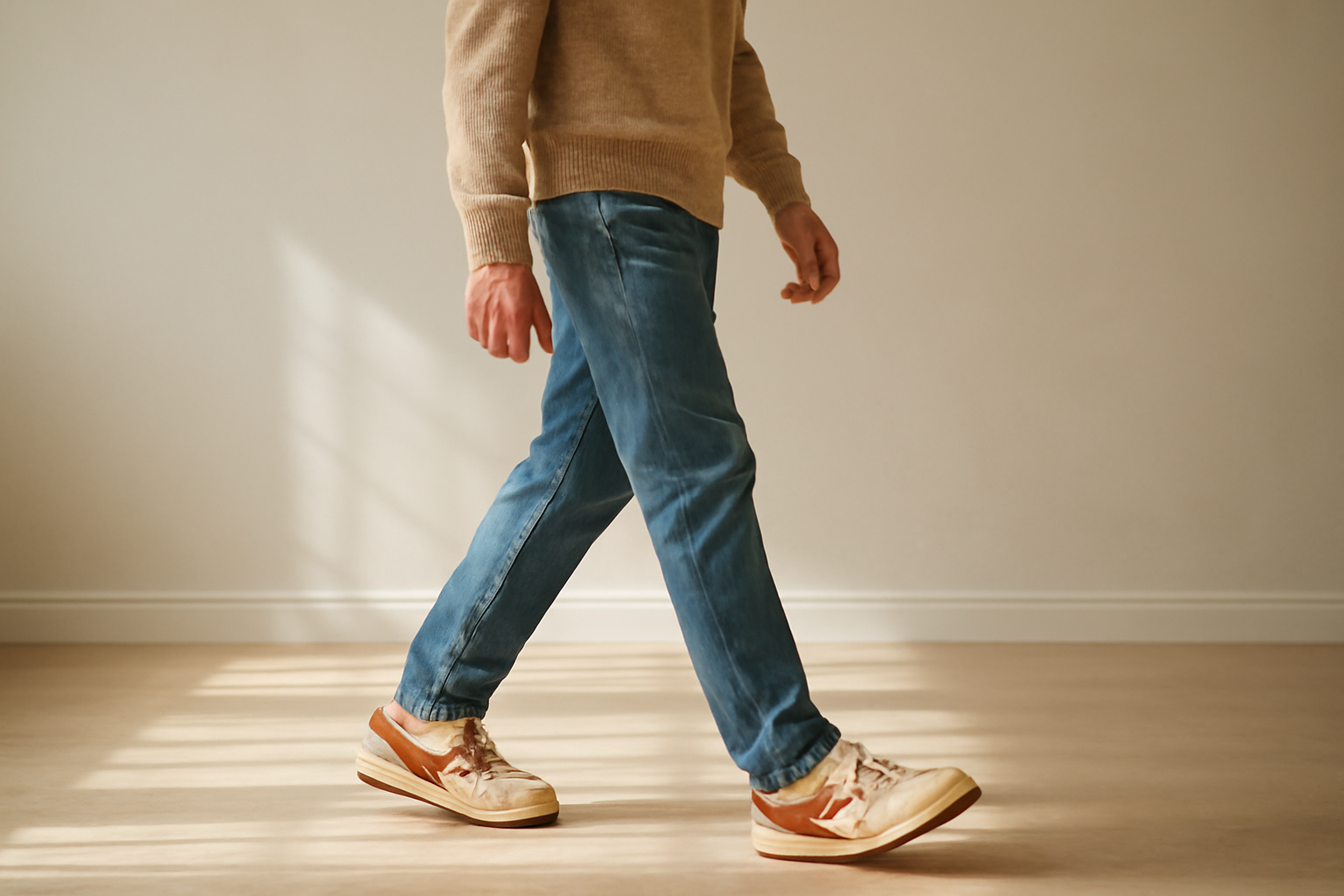 annie-chausseur-porter-chaussures-retro-style-quotidien-homme homme marchant avec sneakers rétro
