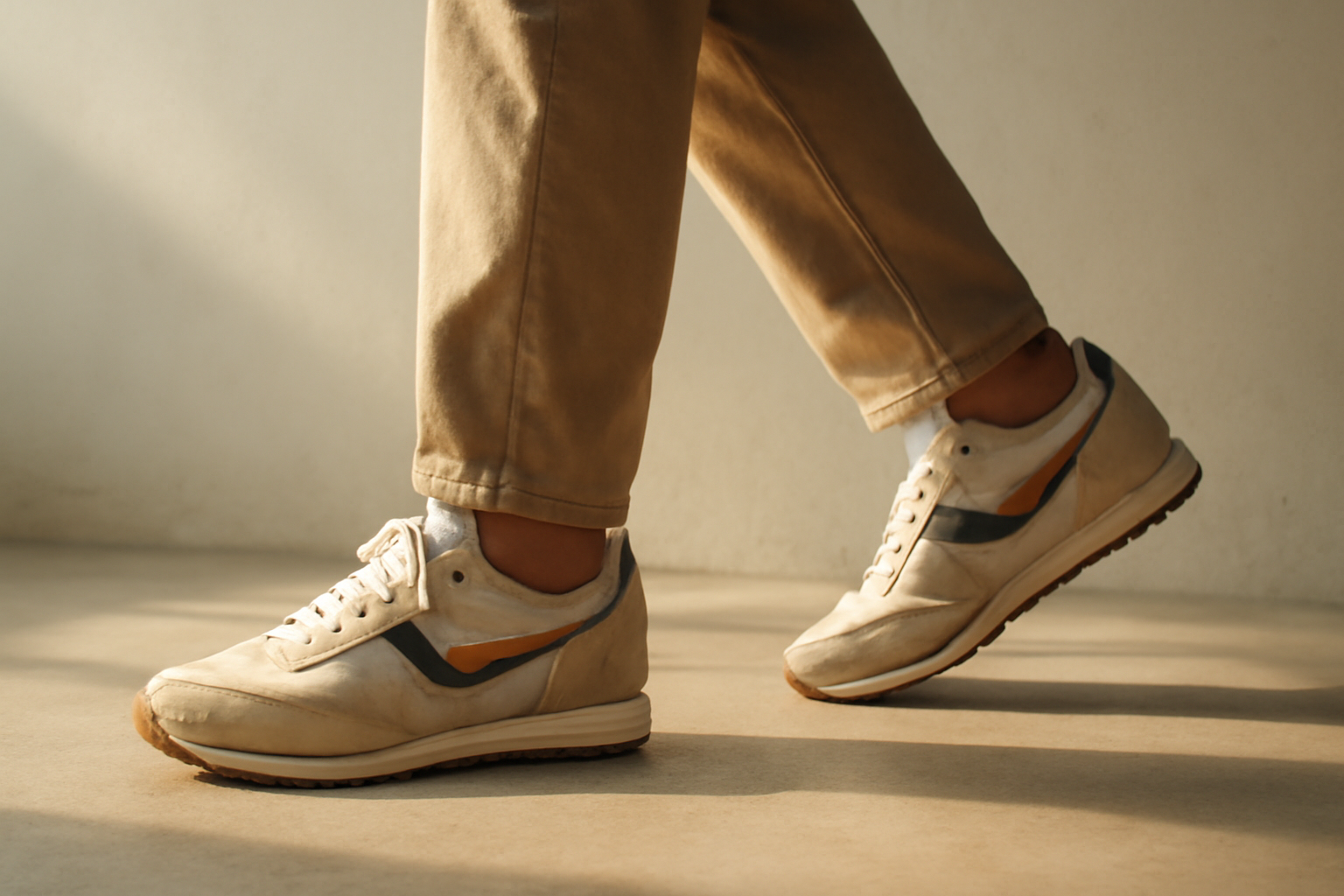 annie-chausseur-porter-chaussures-retro-style-urbain-simple personne marchant avec sneakers rétro