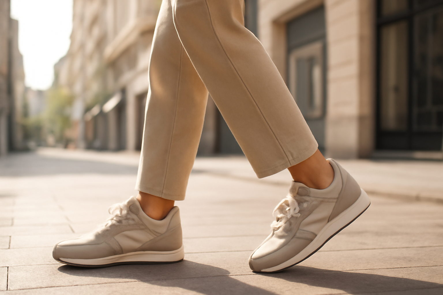 annie-chausseur-porter-chaussures-urbaines-style-simple personne marchant en ville avec chaussures urbaines