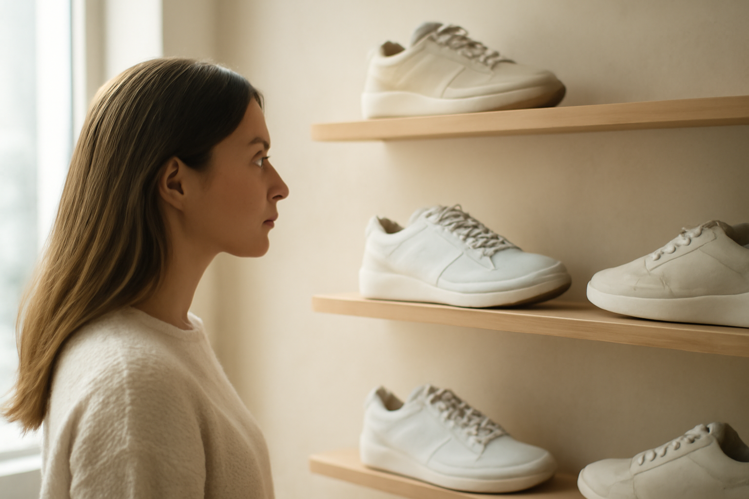 client observant sneakers sur étagère