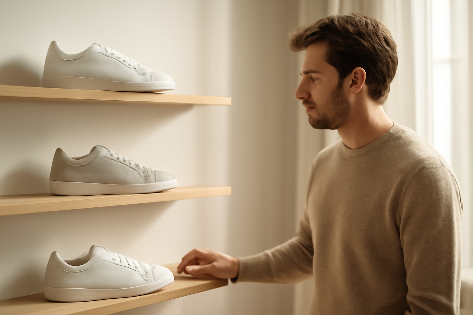 client regardant sneakers sur étagère