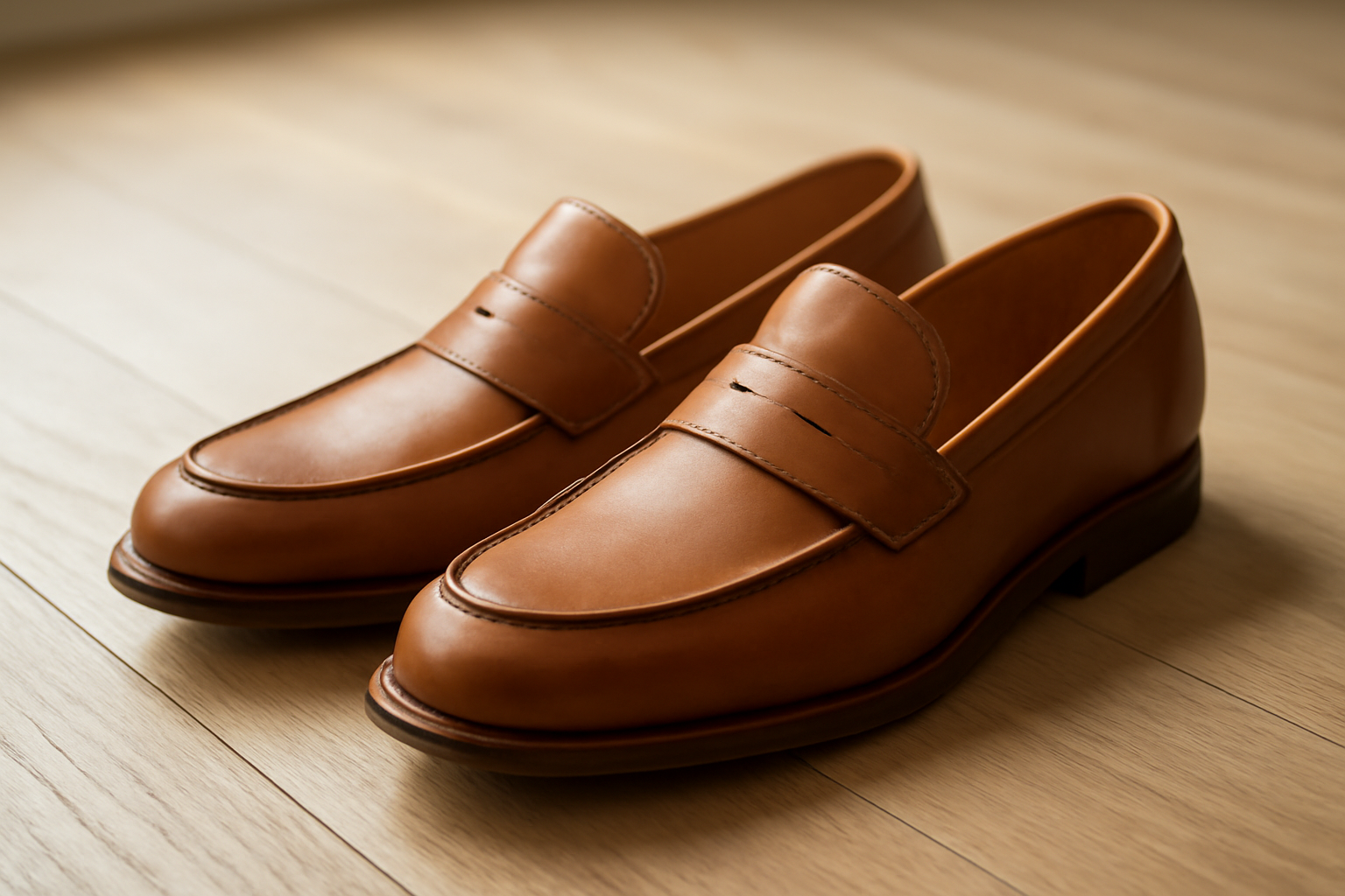 mocassins en cuir posés sur sol bois