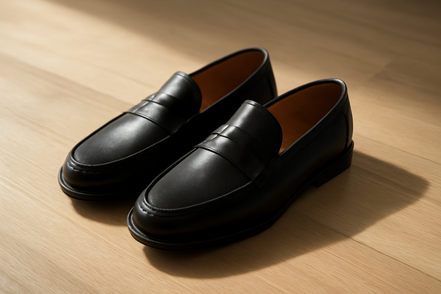 annie-chausseur-sebago-classic-lug-noir-explication mocassins en cuir noir posés sur sol bois