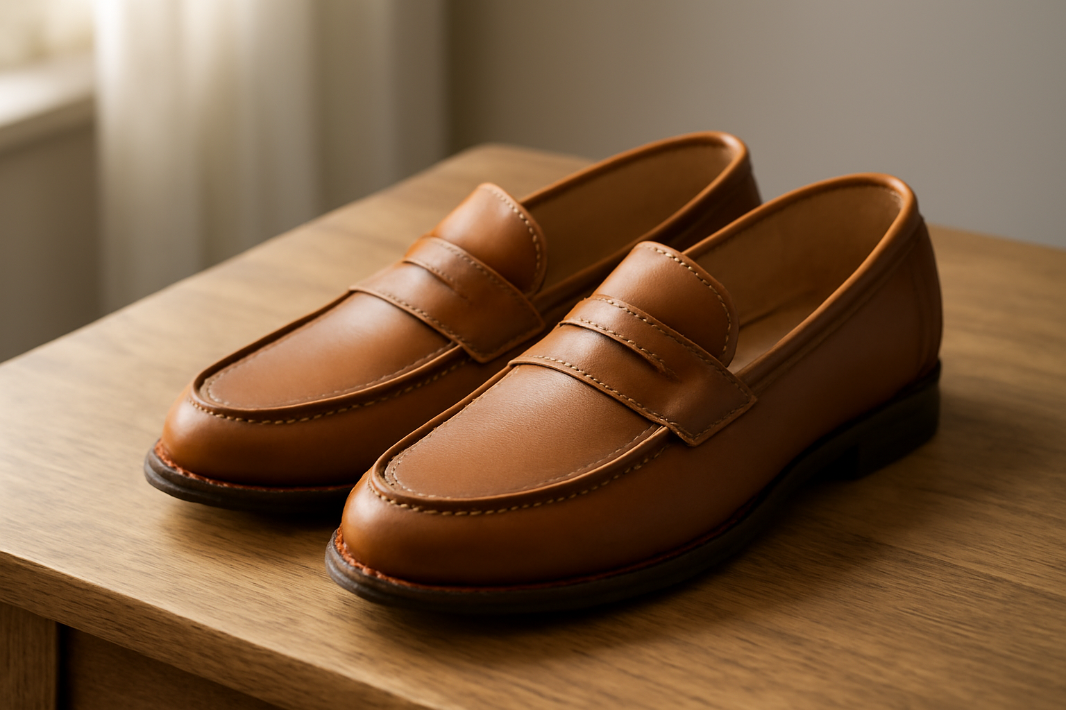 mocassins en cuir cousu posés sur table bois
