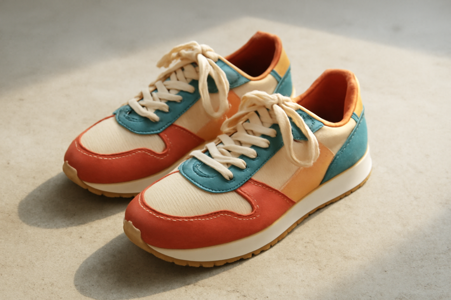 annie-chausseur-karhu-aria-95-explication sneakers rétro colorées posées sur sol béton