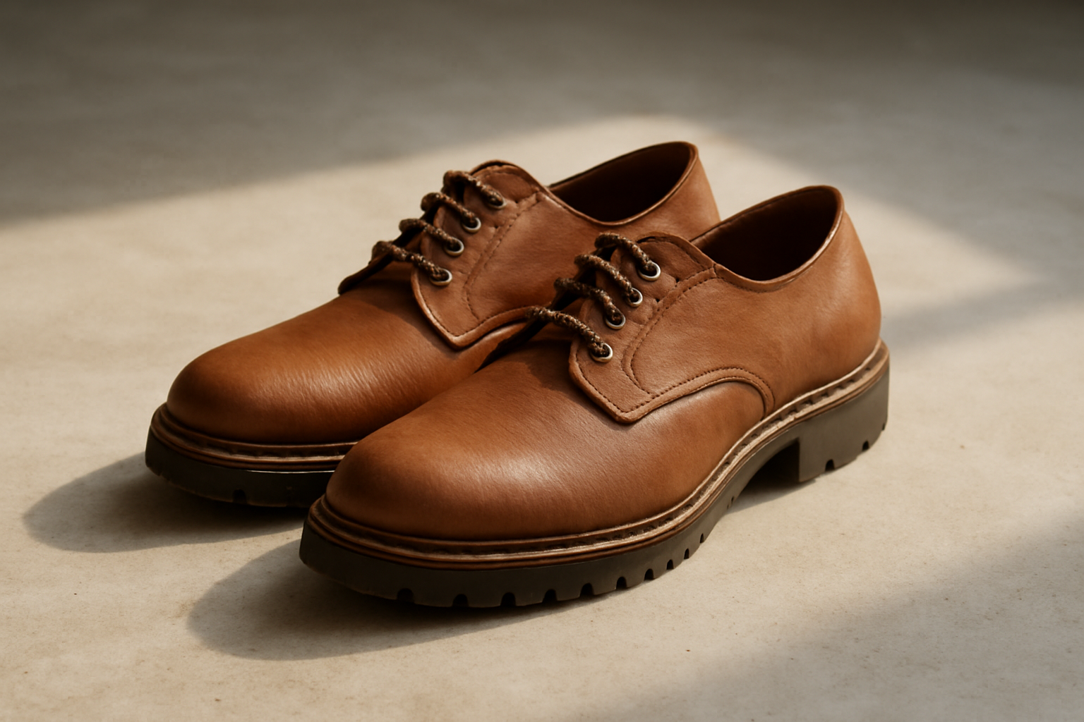 chaussures derby robustes posées sur sol béton