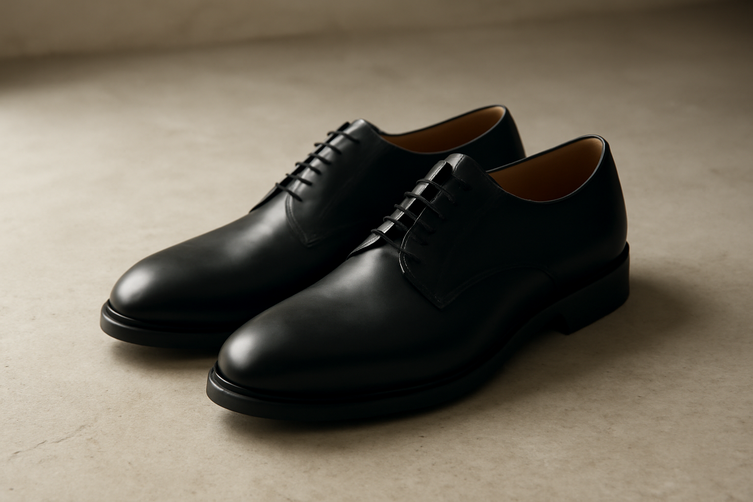 annie-chausseur-kleman-padror-cuir-noir-explication chaussures en cuir noir posées sur sol béton
