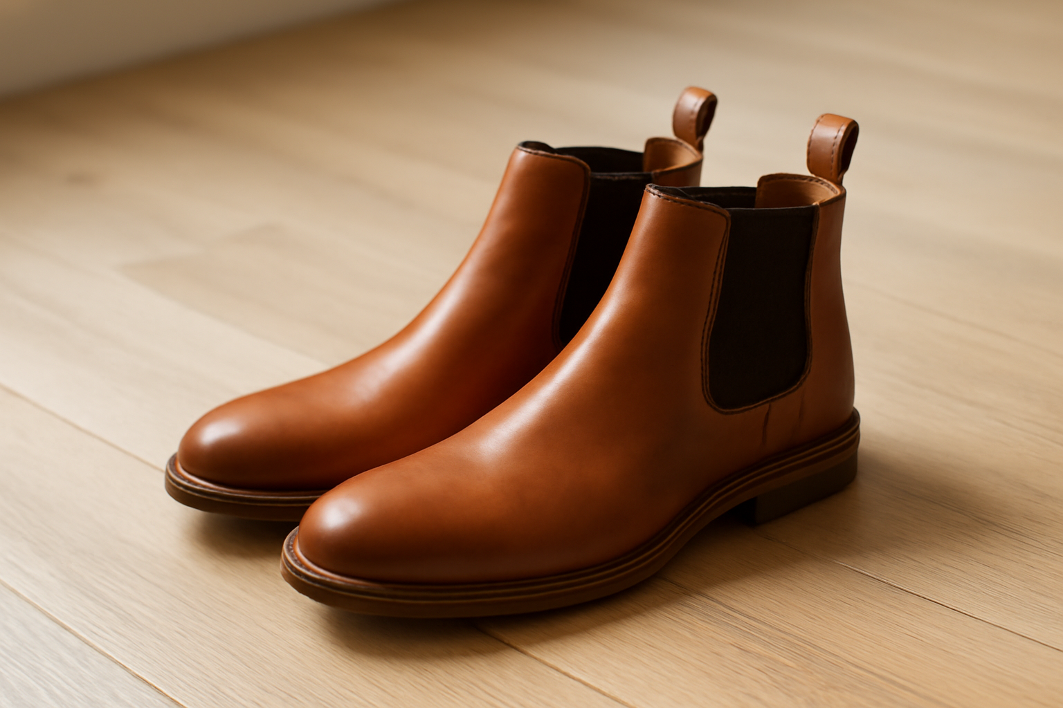 annie-chausseur-loake-chelsea-boot-explication bottines en cuir avec élastiques latéraux posées sur sol bois