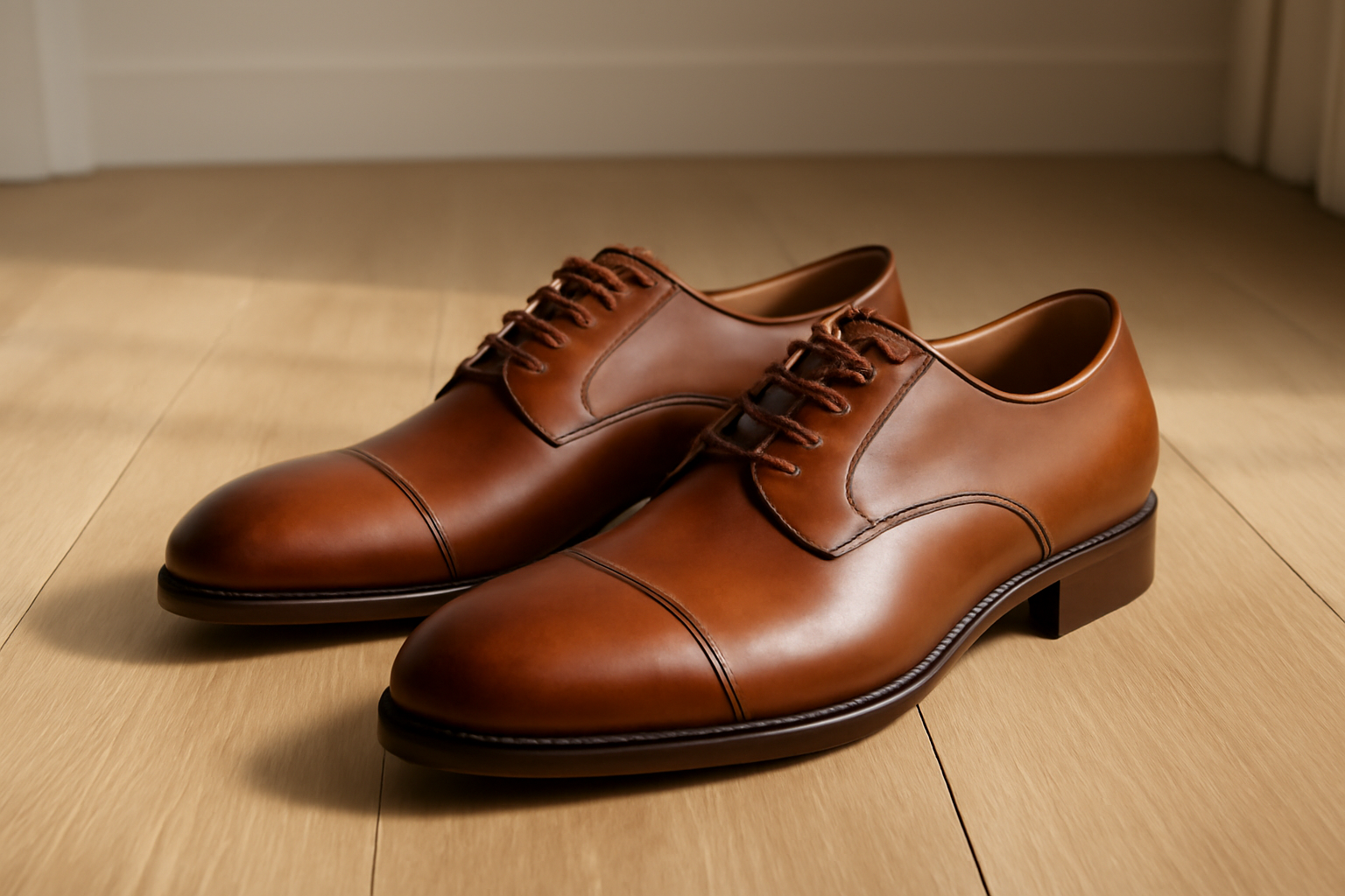 chaussures en cuir élégantes posées sur sol bois