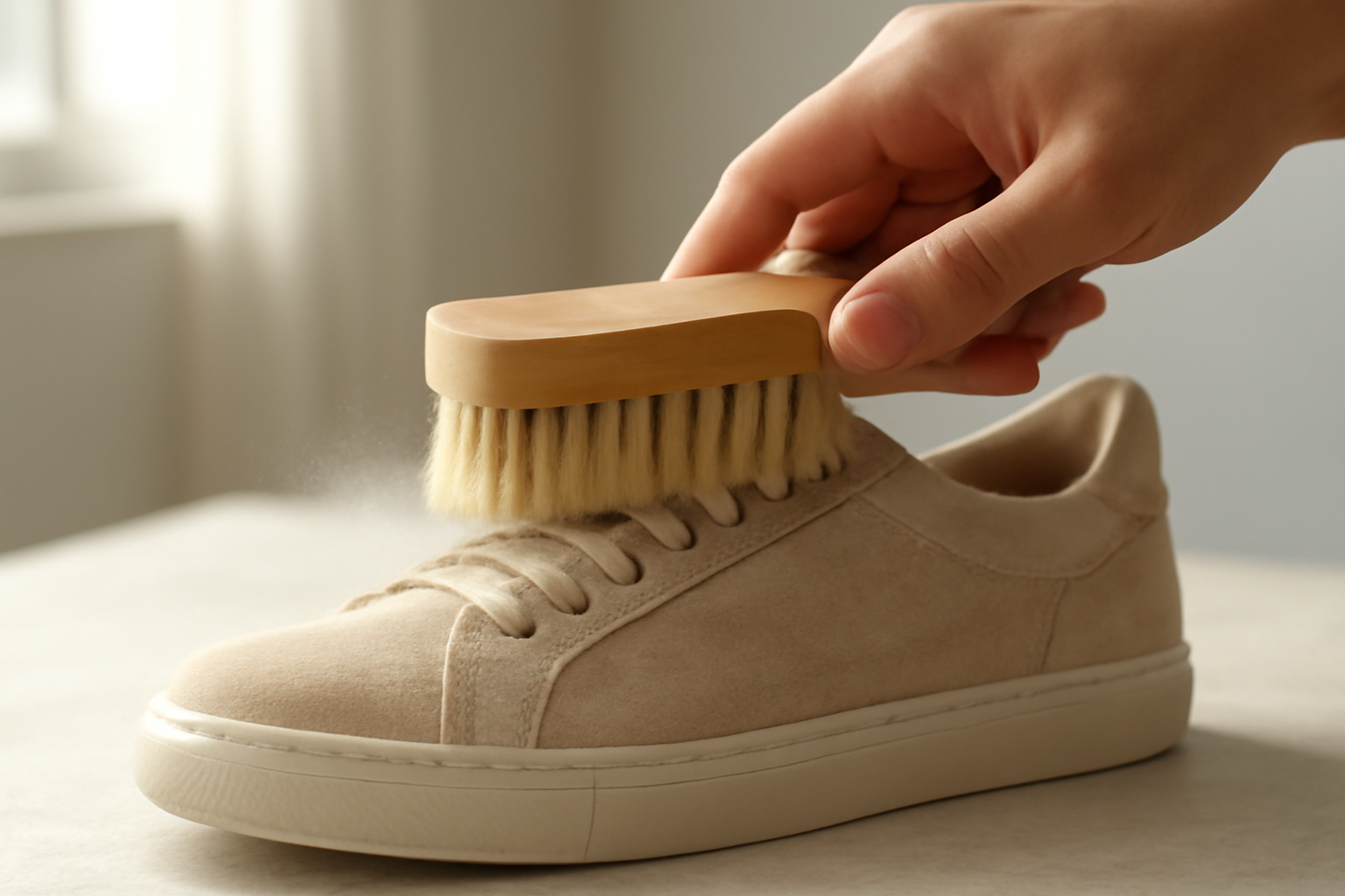 annie-chausseur-nettoyer-chaussures-apres-marche-poussiere-ville brosse retirant poussière sur chaussure