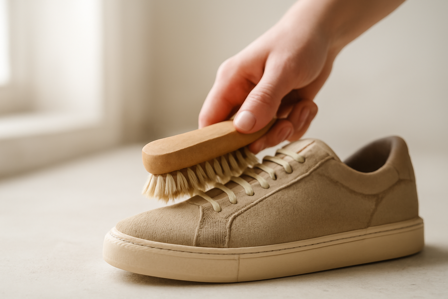 annie-chausseur-nettoyer-chaussures-apres-poussiere-marche brosse retirant poussière sur chaussure