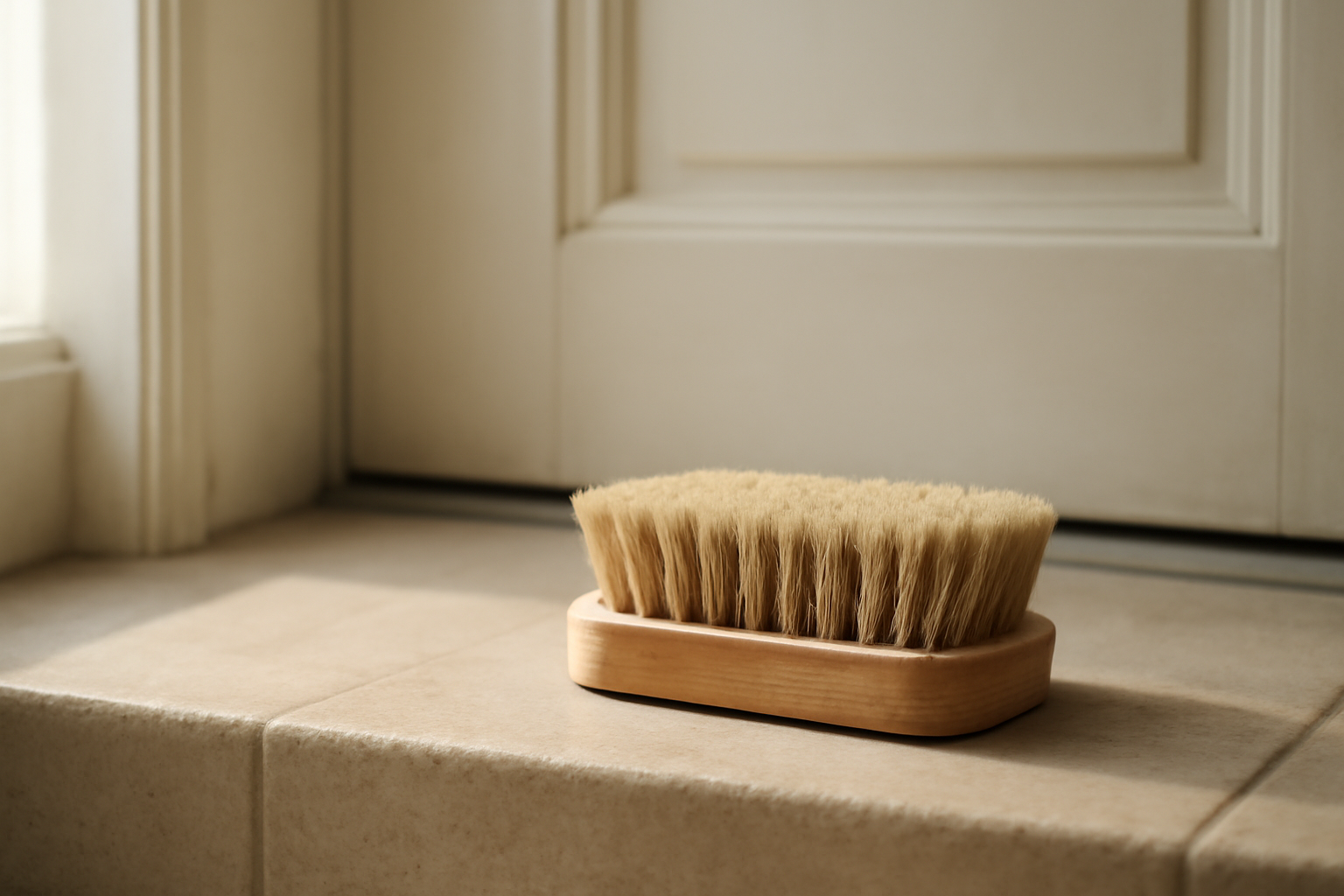 annie-chausseur-nettoyer-chaussures-apres-poussiere-travaux-ville brosse nettoyant chaussure près d’une entrée