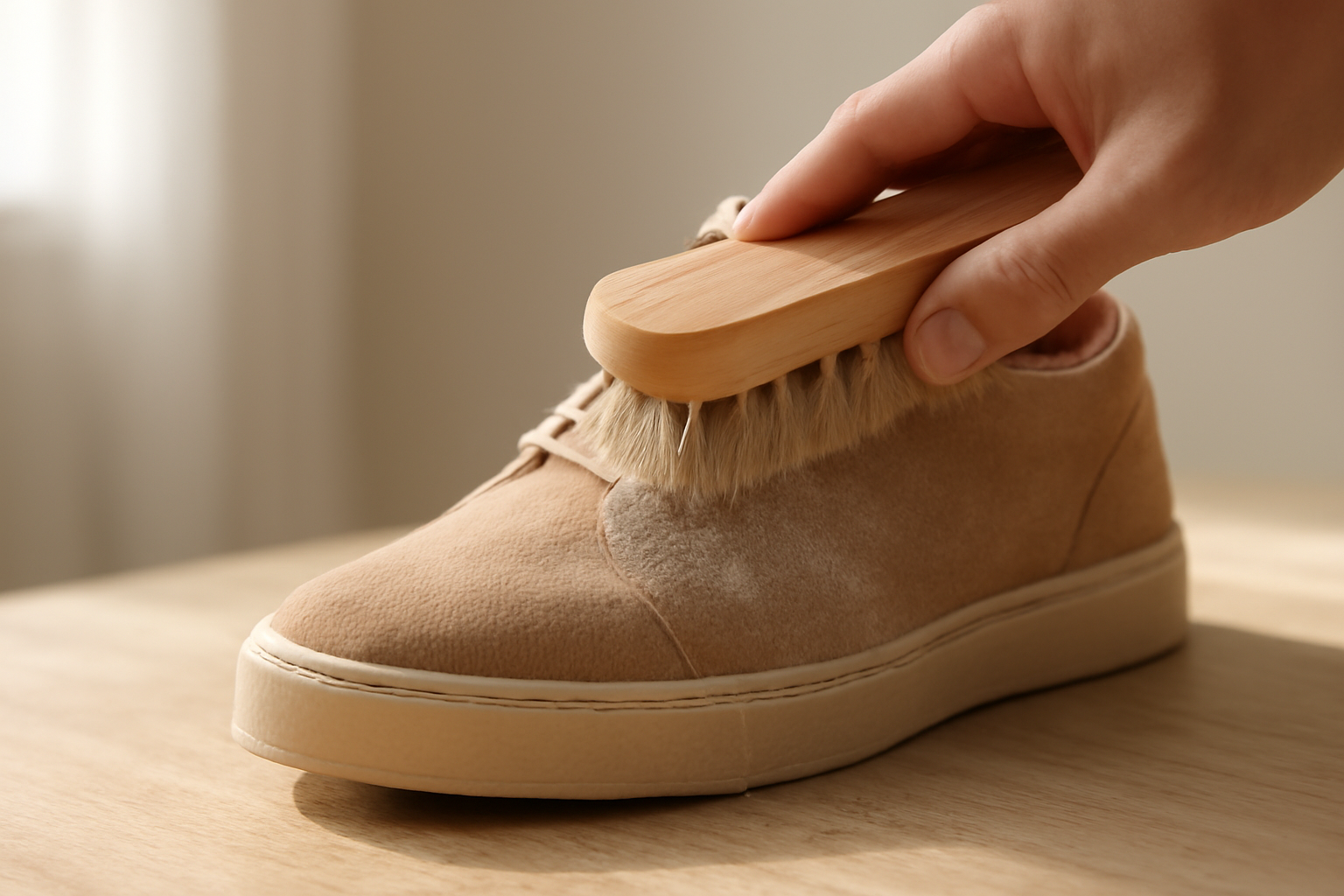 annie-chausseur-nettoyer-chaussures-apres-poussiere-zone-commerciale brosse retirant poussière sur chaussure