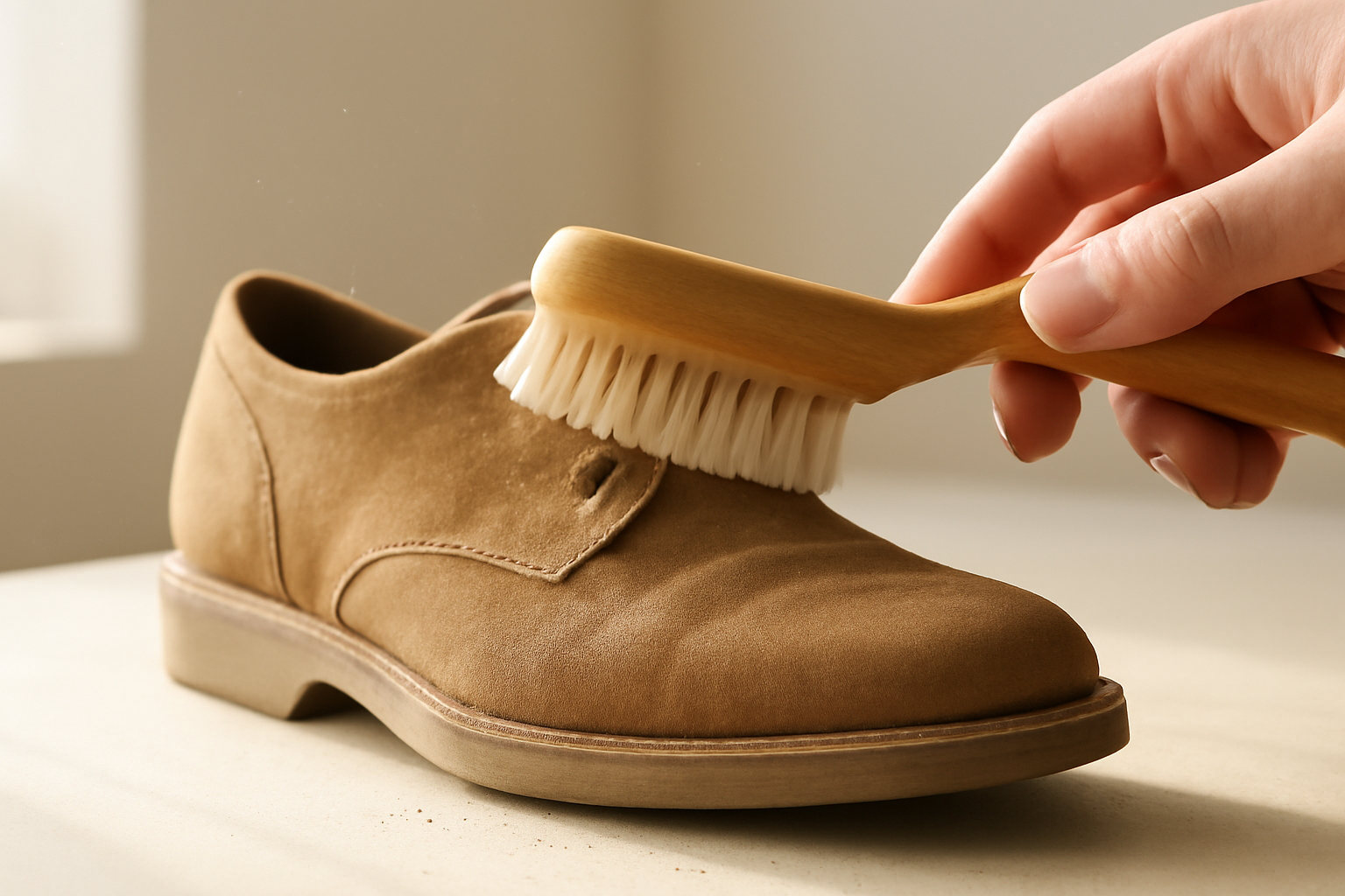 annie-chausseur-nettoyer-chaussures-apres-poussiere-zone-travaux brosse retirant poussière sur chaussure