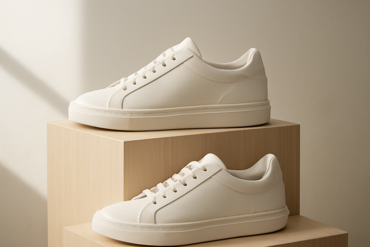 sneakers minimalistes exposées sur présentoir