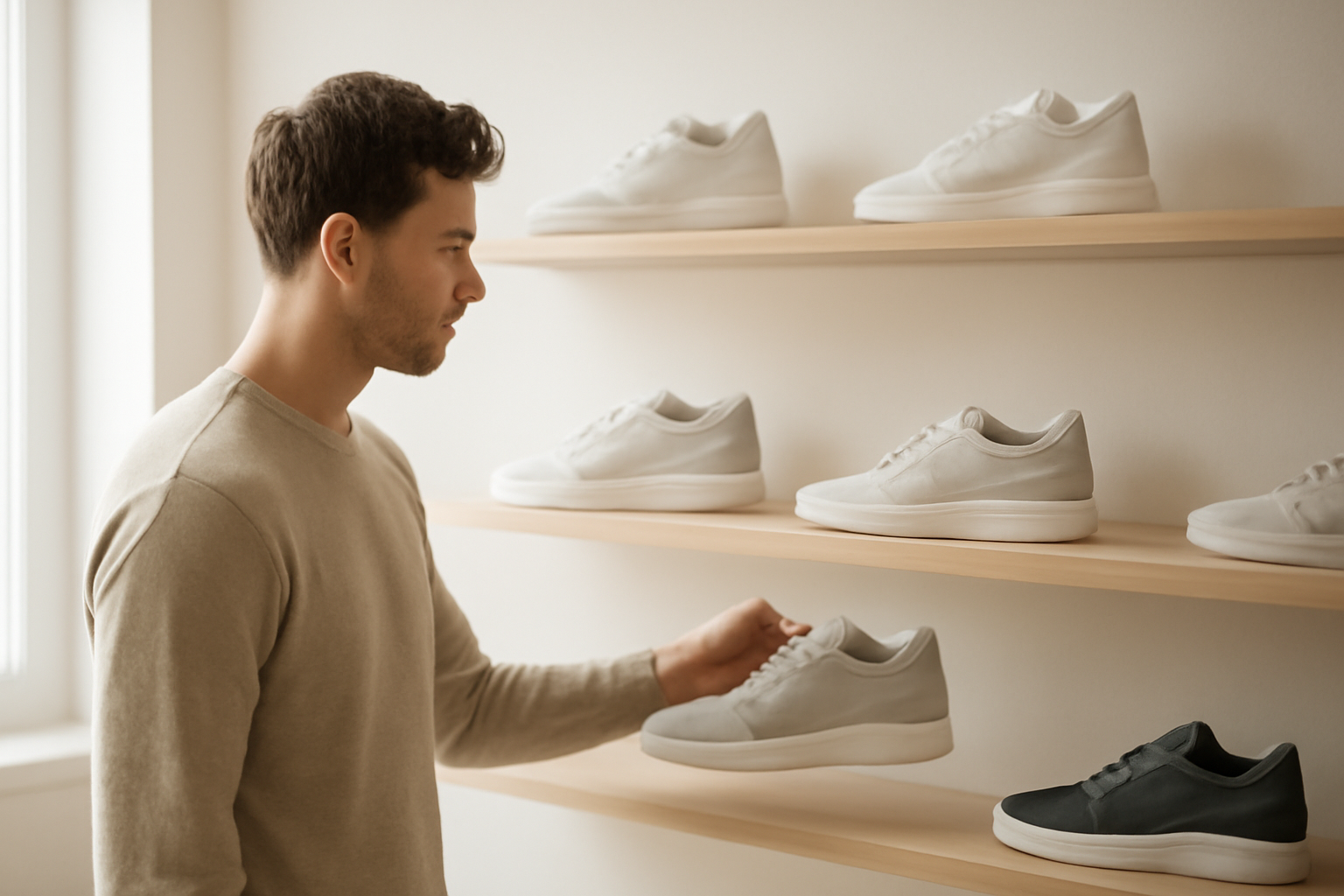 client regardant sneakers sur étagère