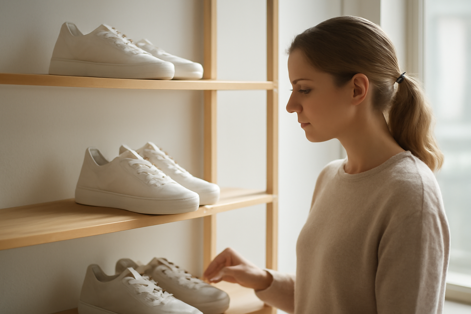 client observant sneakers sur étagère