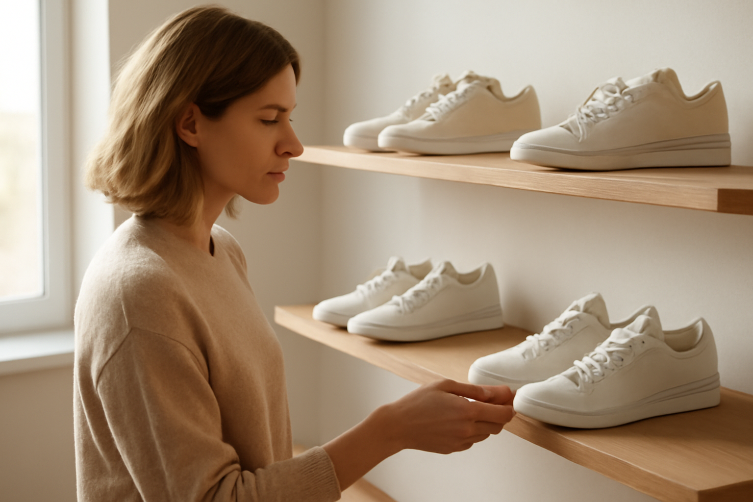 client observant sneakers sur étagère