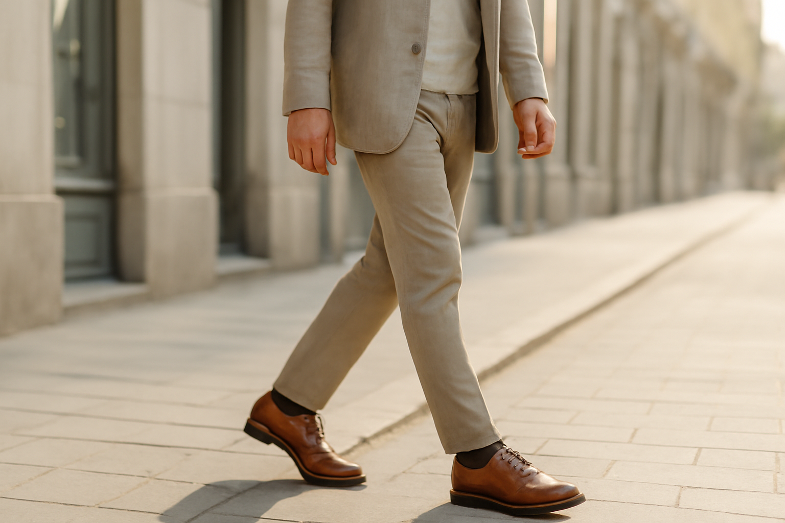 annie-chausseur-porter-chaussures-cuir-look-urbain-simple homme marchant avec chaussures en cuir en ville