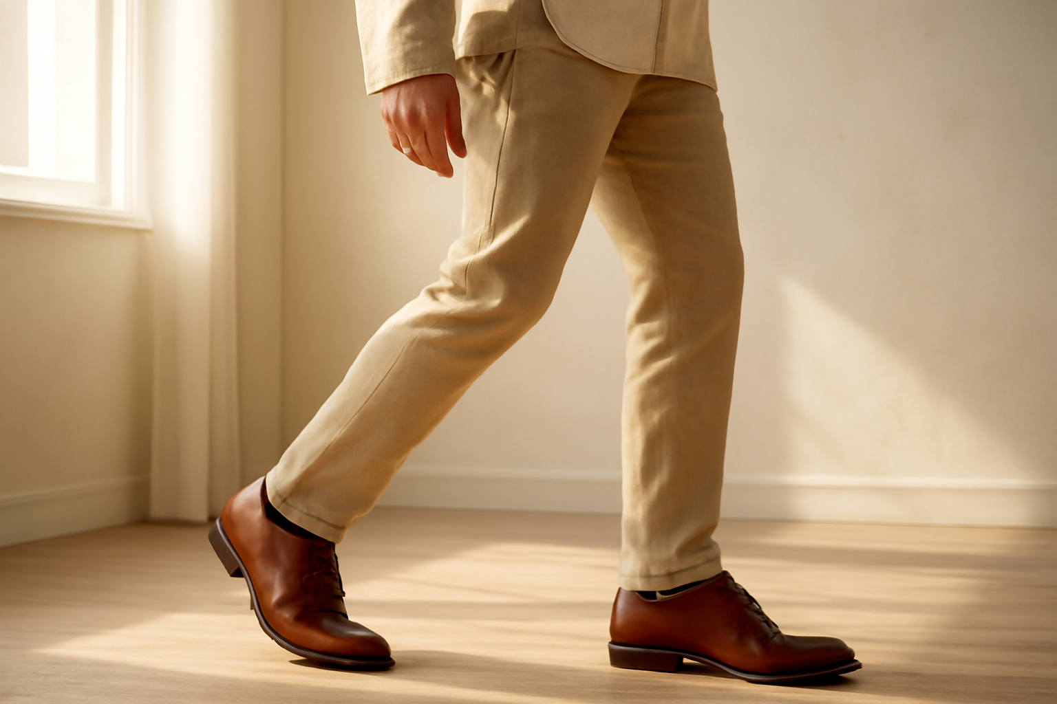 annie-chausseur-porter-chaussures-cuir-style-quotidien-casual homme marchant avec chaussures en cuir