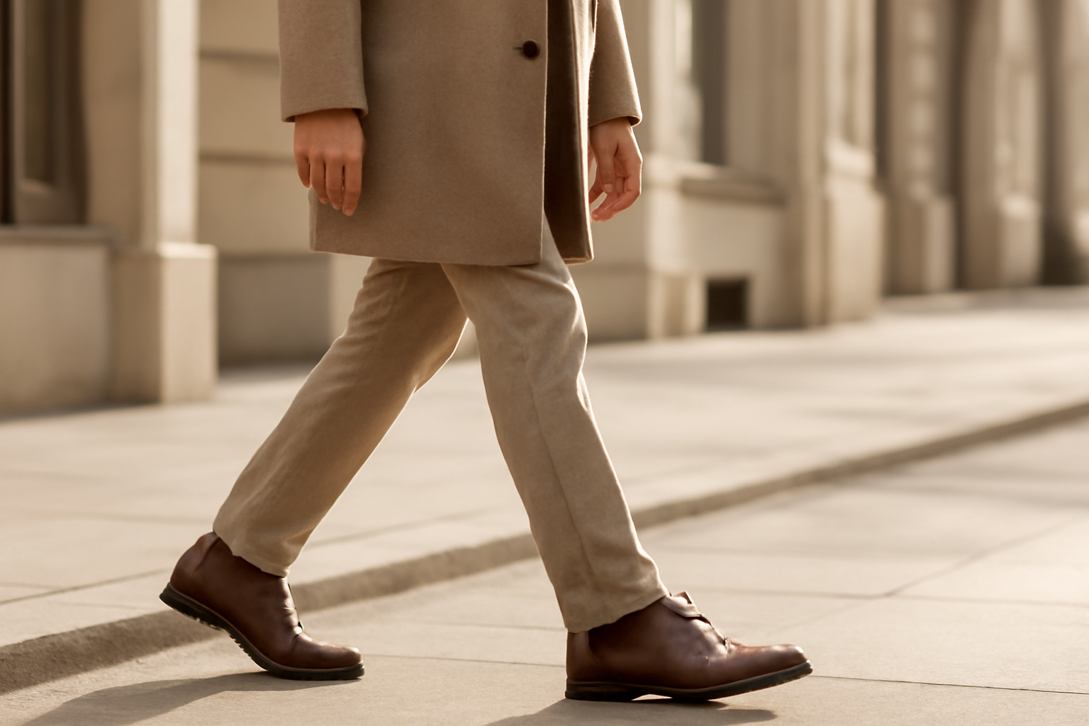annie-chausseur-porter-chaussures-cuir-style-quotidien-ville homme marchant avec chaussures en cuir en ville