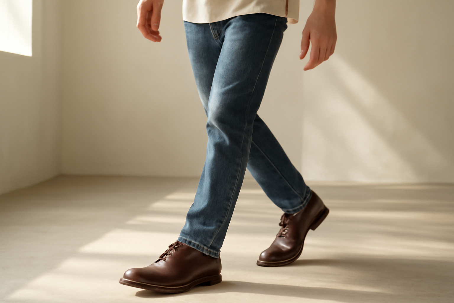 annie-chausseur-porter-chaussures-cuir-style-urbain-casual homme marchant avec chaussures en cuir et jean