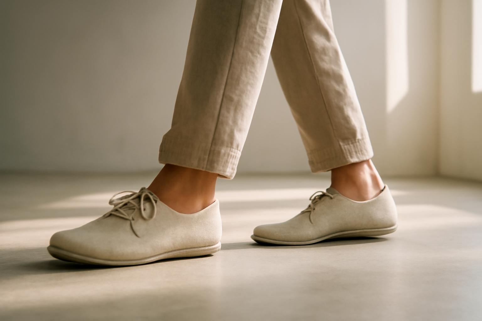 annie-chausseur-porter-chaussures-minimalistes-style-casual-ville personne marchant avec chaussures minimalistes