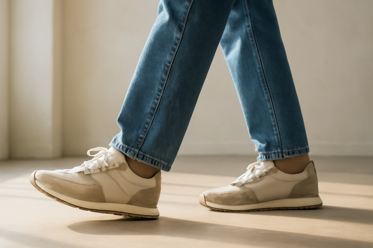 annie-chausseur-porter-chaussures-retro-look-casual-urbain personne marchant avec sneakers rétro et jean
