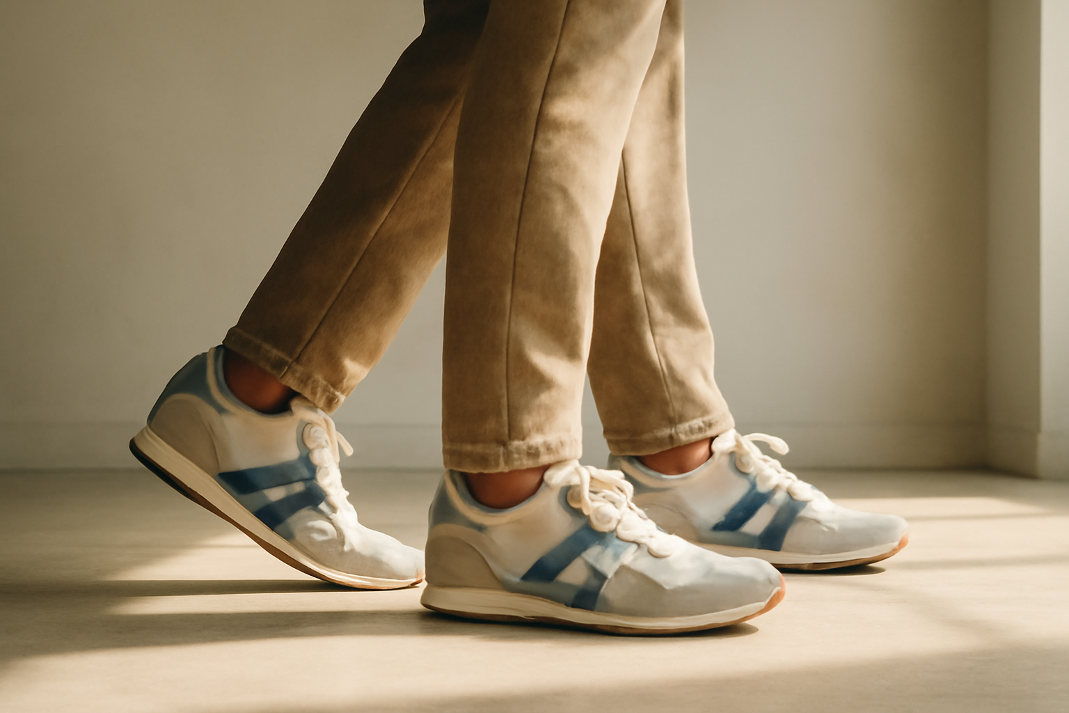 annie-chausseur-porter-chaussures-retro-style-minimal-casual personne marchant avec sneakers rétro