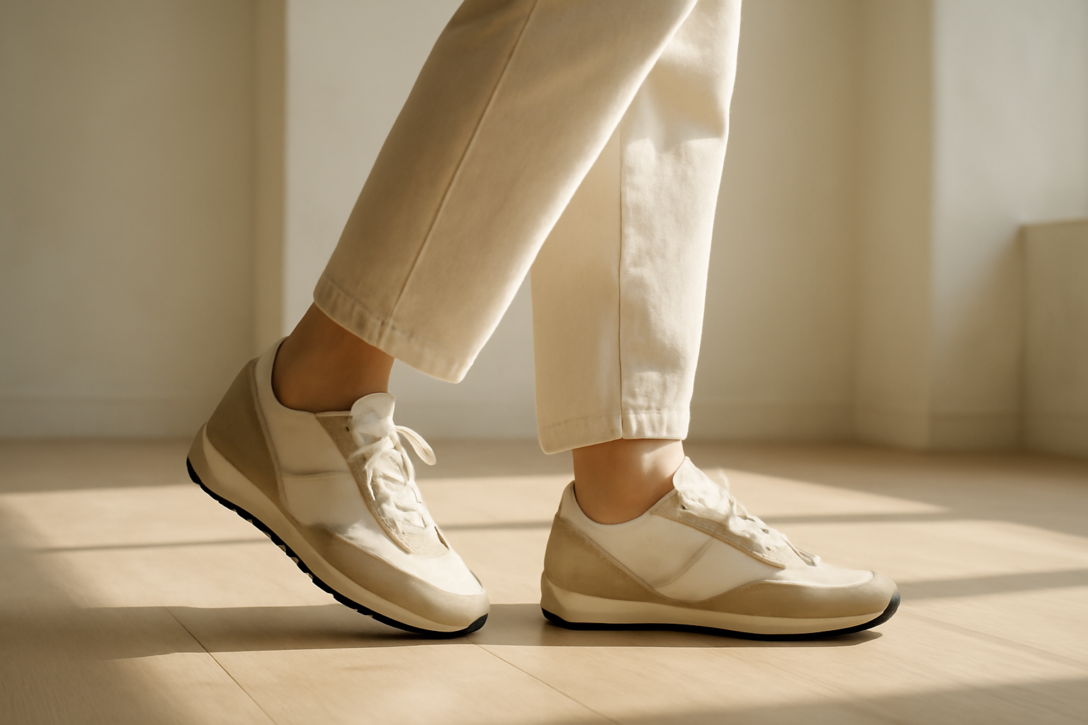 annie-chausseur-porter-chaussures-retro-style-minimal-quotidien personne marchant avec sneakers rétro